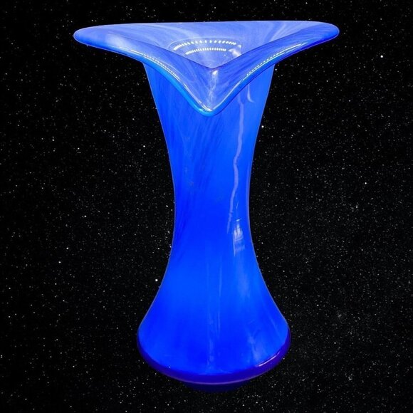 Vintage Art Glass Jack In The Pulpit Blue Swirl Vase Hand Blown 9”T 7”W - Picture 6 of 12